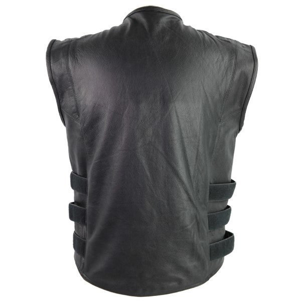 Vance VL905 Mens Black Premium Cowhide Tactical Bulletproof Style Leather Motorcycle Vest - Back View