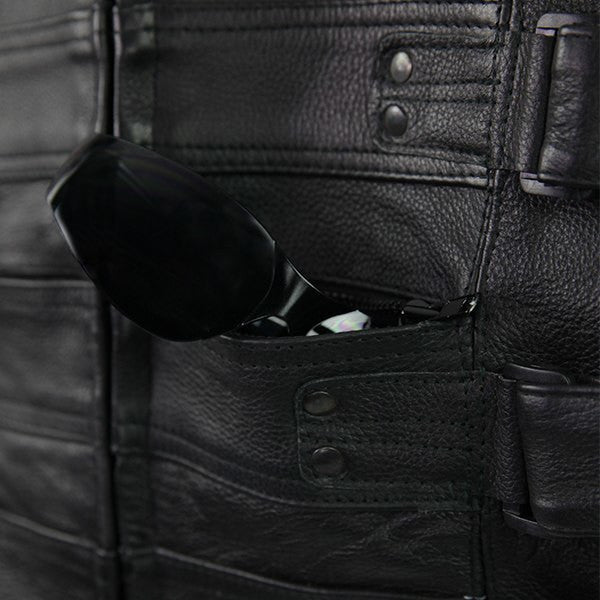 Vance VL905 Mens Black Premium Cowhide Tactical Bulletproof Style Leather Motorcycle Vest - Detail View