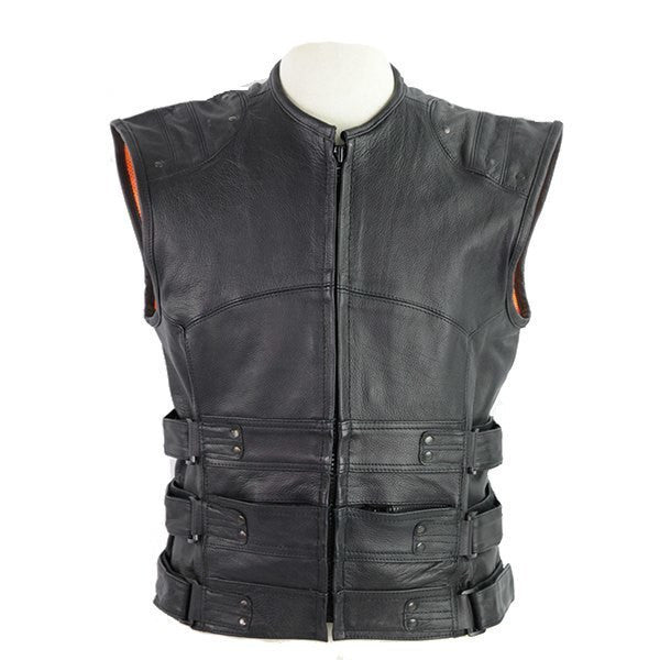 Vance VL905 Mens Black Premium Cowhide Tactical Bulletproof Style Leather Motorcycle Vest