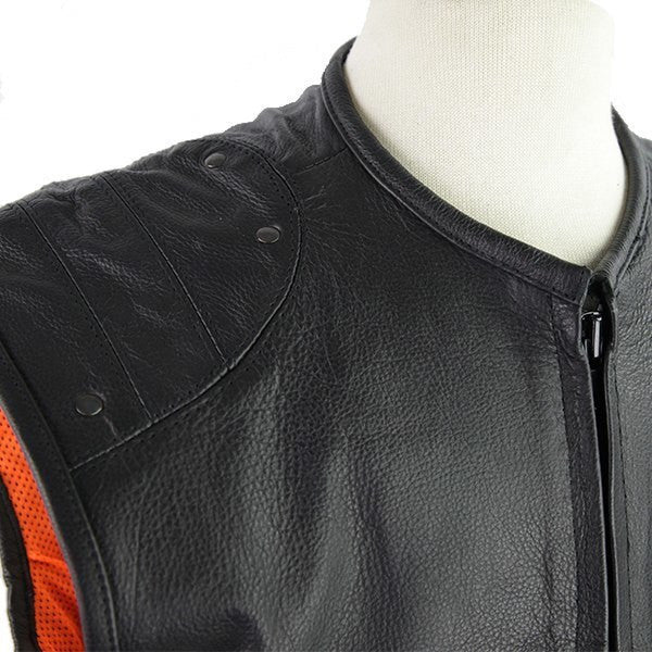 Vance VL905 Mens Black Premium Cowhide Tactical Bulletproof Style Leather Motorcycle Vest - Detail View