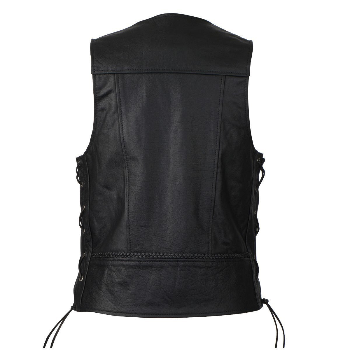 High Mileage HMM908 Mens Black Straight Bottom Motorcycle Leather Vest With Buffalo Nickel Snaps - Back View