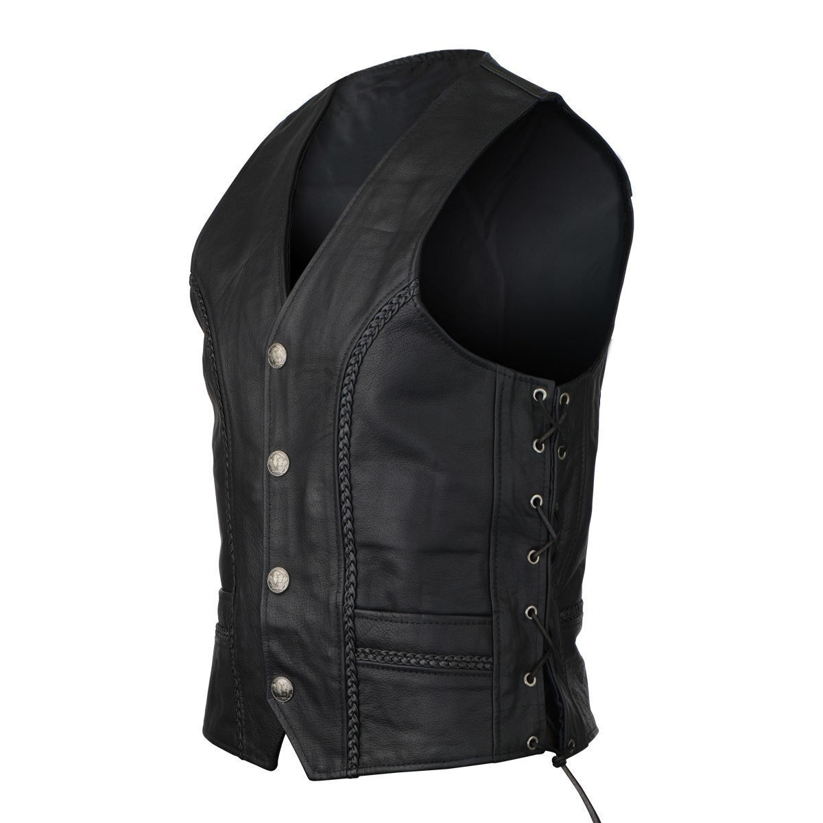 High Mileage HMM908 Mens Black Straight Bottom Motorcycle Leather Vest With Buffalo Nickel Snaps