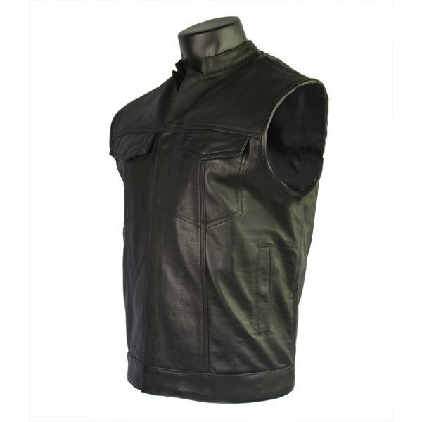 Vance VL911BL Mens Black Top Grain Cowhide Leather Patch Pocket Biker Vest