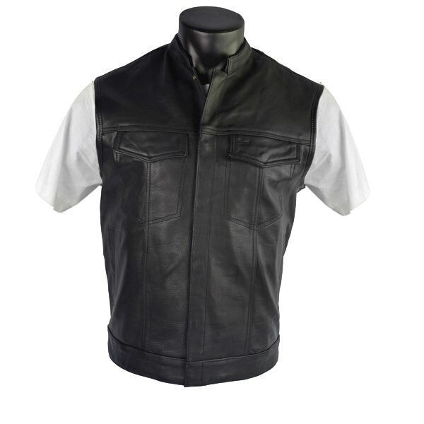 Vance VL911BL Mens Black Top Grain Cowhide Leather Patch Pocket Biker Vest - Front View