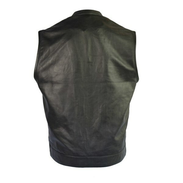 Vance VL911BL Mens Black Top Grain Cowhide Leather Patch Pocket Biker Vest - Back View