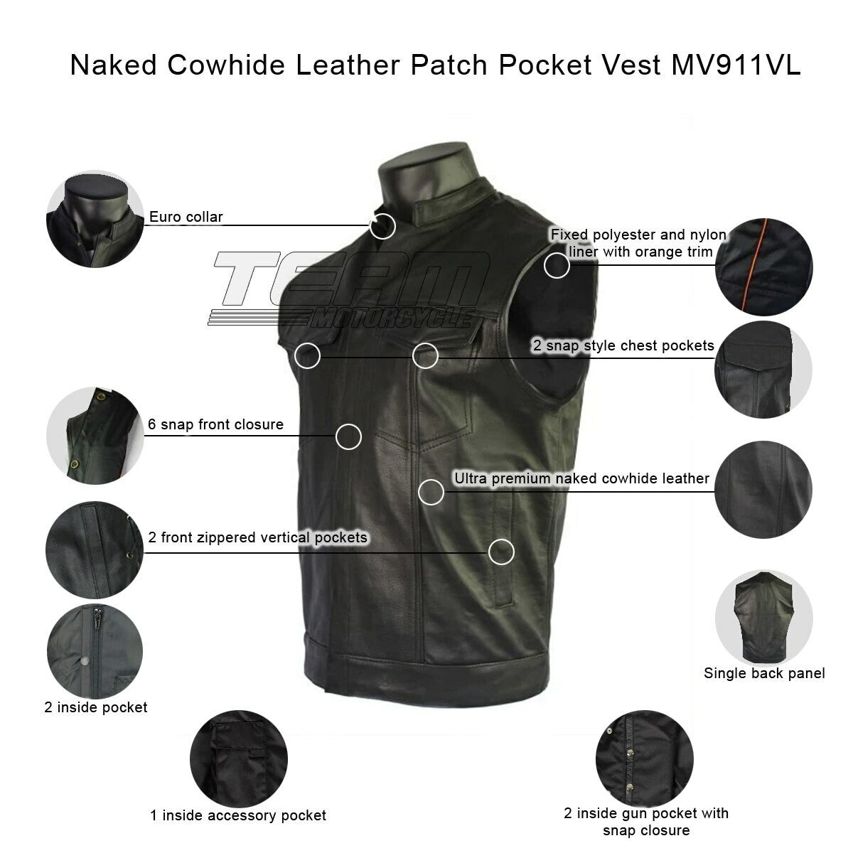 Vance VL911BL Mens Black Top Grain Cowhide Leather Patch Pocket Biker Vest - Infographics