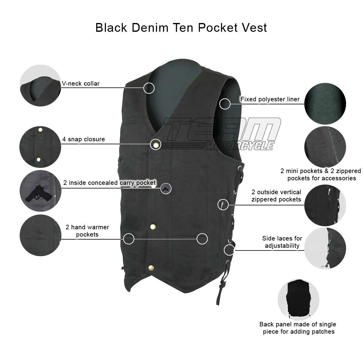 Vance VB915BK Mens Black Ten Pocket Denim Motorcycle Vest - Infographics