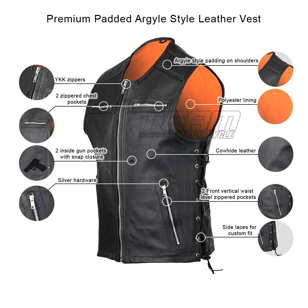 Vance VL941 Men's Premium Padded Argyle Style Black Premium Cowhide Leather Biker Motorcycle Vest - Infographics