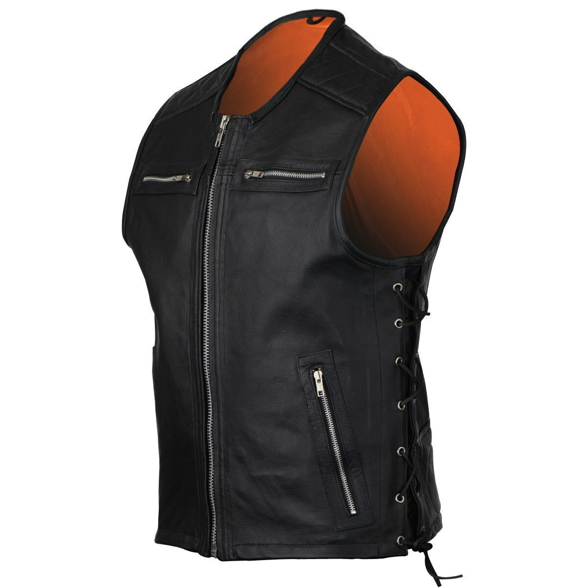 Vance VL941 Men's Premium Padded Argyle Style Black Premium Cowhide Leather Biker Motorcycle Vest