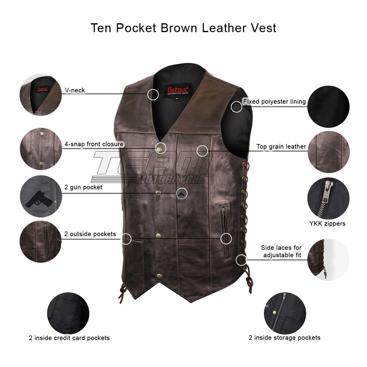 Jafrum MV915 Mens Brown Ten Pocket Cowhide Leather Motorcycle Vest - Infographics