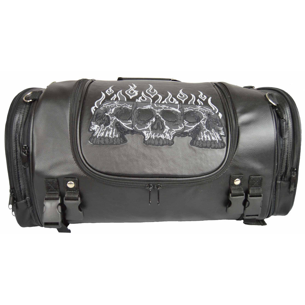 Vance VS366 Black Embroidered Reflective Skull Design Motorcycle Luggage Travel Sissy Bar Roll Trunk Bag - Grey