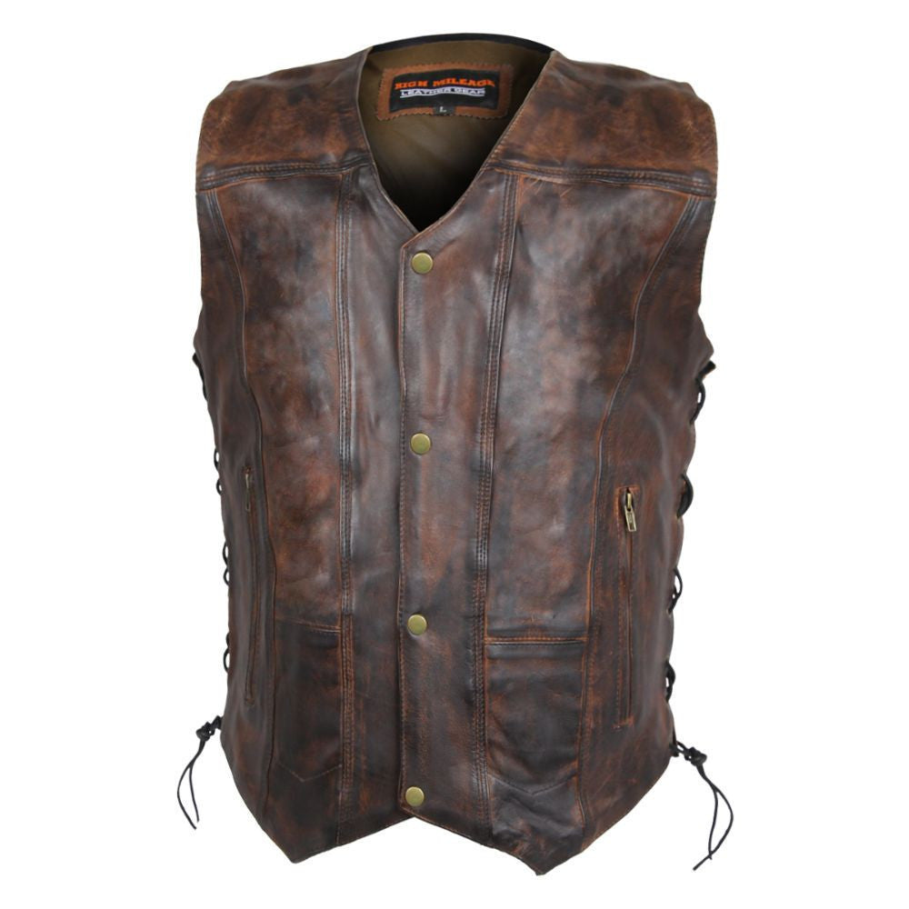 High Mileage HMM915VB Mens Vintage Brown Premium Cowhide Ten Pocket Leather Motorcycle Vest - front