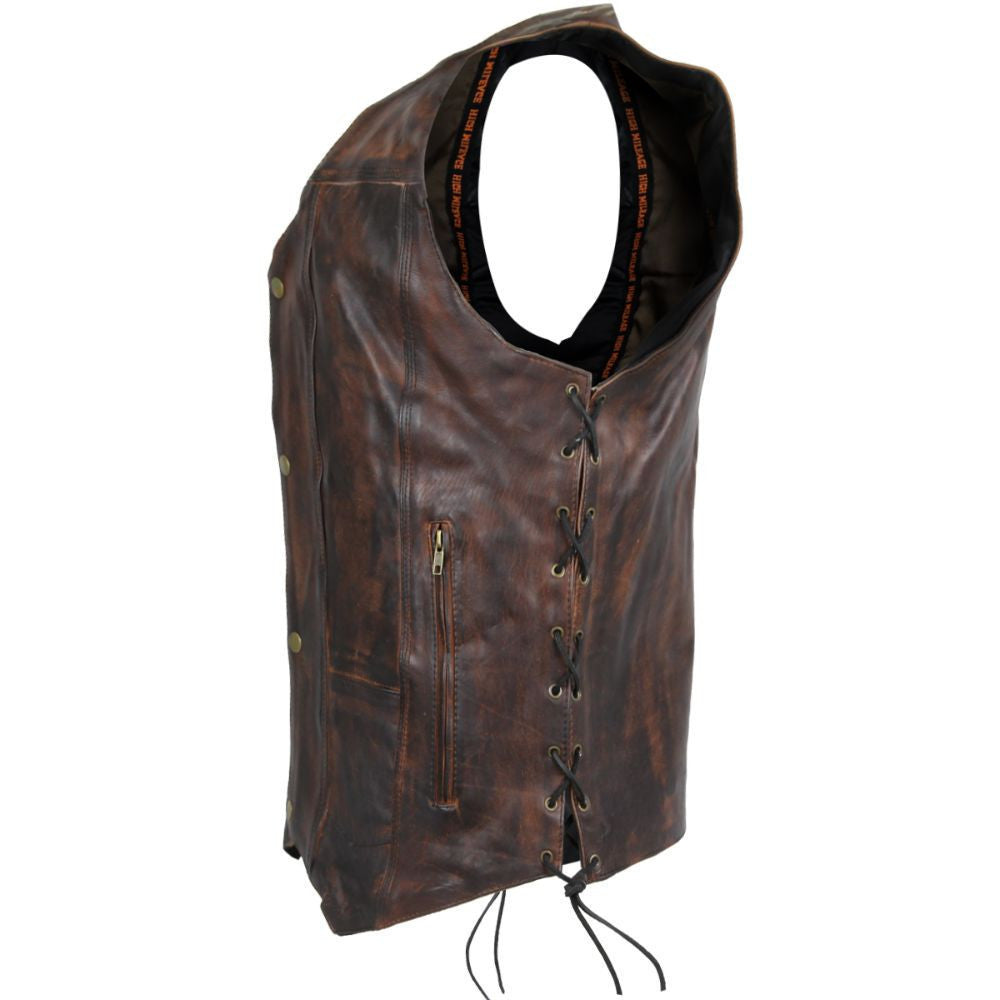 High Mileage HMM915VB Mens Vintage Brown Premium Cowhide Ten Pocket Leather Motorcycle Vest - side