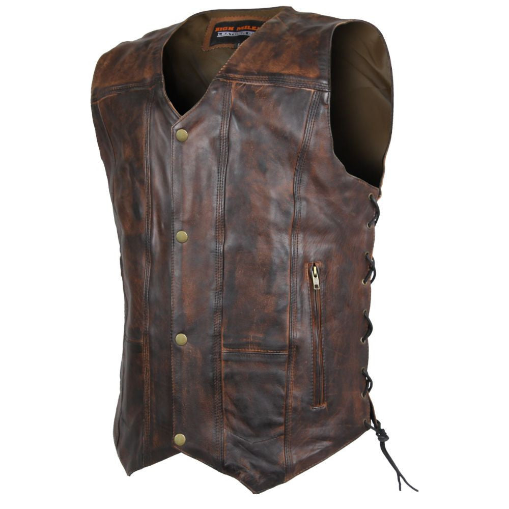 High Mileage HMM915VB Mens Vintage Brown Premium Cowhide Ten Pocket Leather Motorcycle Vest - side