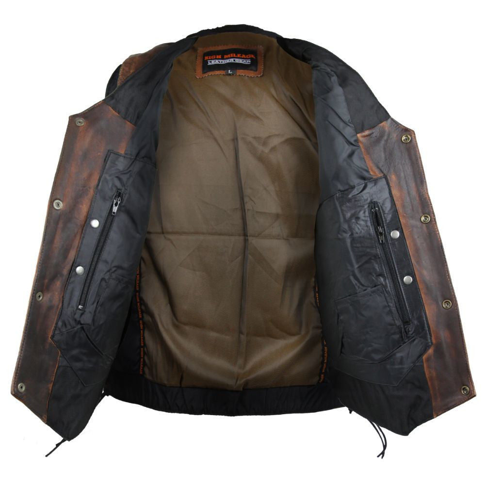 High Mileage HMM915VB Mens Vintage Brown Premium Cowhide Ten Pocket Leather Motorcycle Vest - open