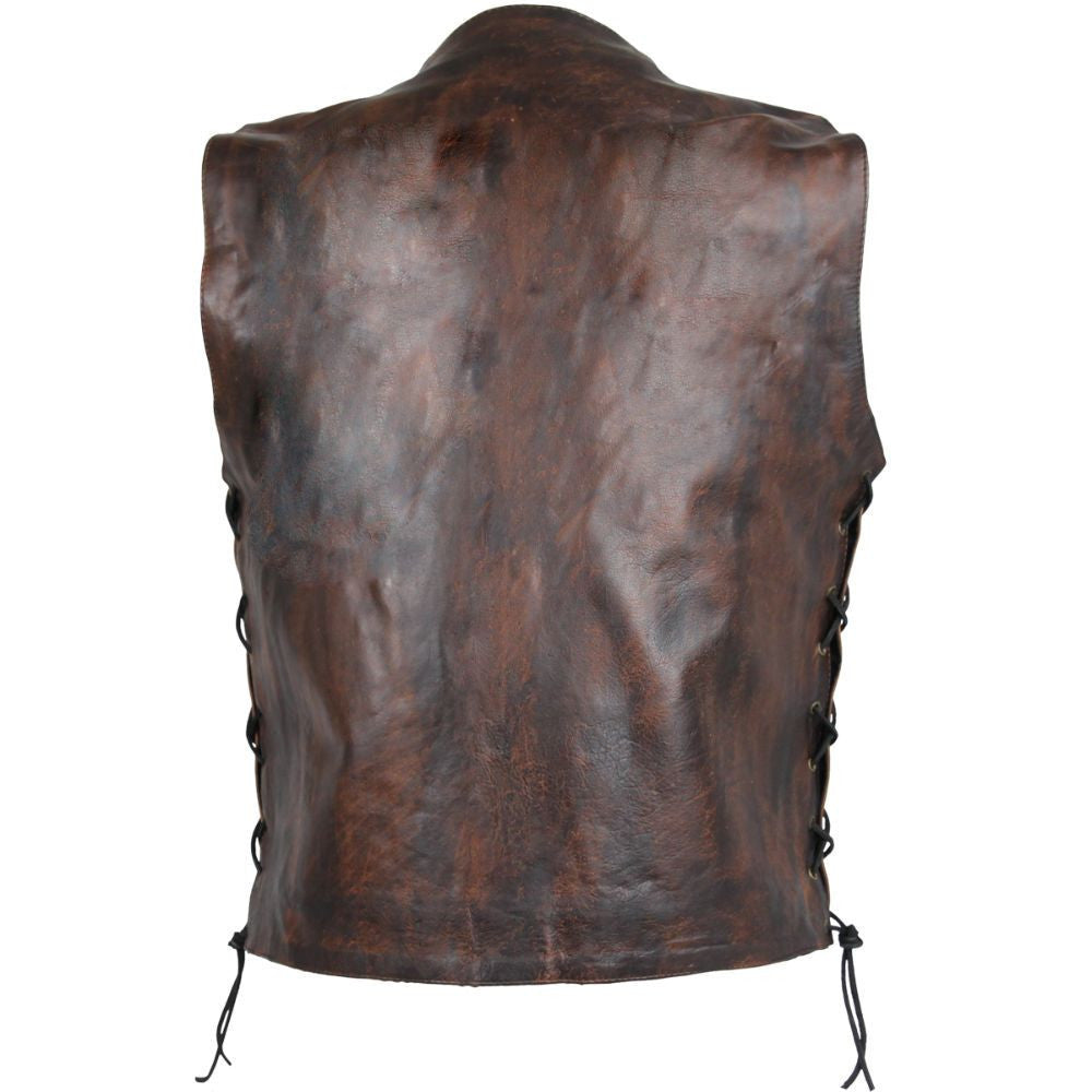 High Mileage HMM915VB Mens Vintage Brown Premium Cowhide Ten Pocket Leather Motorcycle Vest