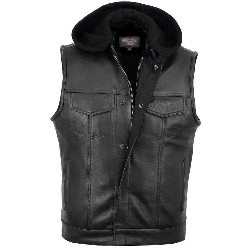 Vance VL914H Mens Black Premium Cowhide Leather Motorcycle Biker SOA Style Club Vest with Hoodie