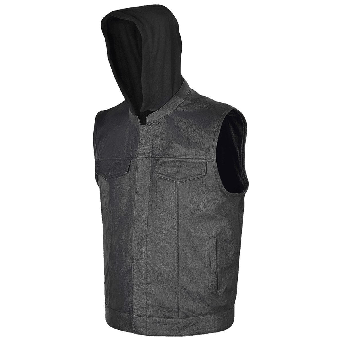 Vance VL914H Mens Black Premium Cowhide Leather Motorcycle Biker SOA Style Club Vest with Hoodie