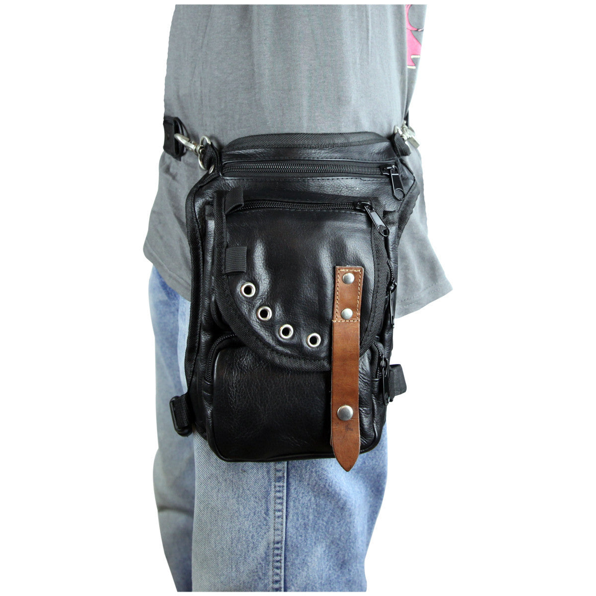 Vance VA566 Men and Women Black Leather Multi-Function Concealed Carry Biker Motorcycle Drop Leg Fanny Pack Thigh Bag