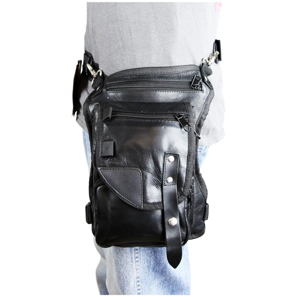 Vance VA565 Men and Women Black Leather Multi-Function Concealed Carry Biker Motorcycle Drop Leg Fanny Pack Thigh Bag