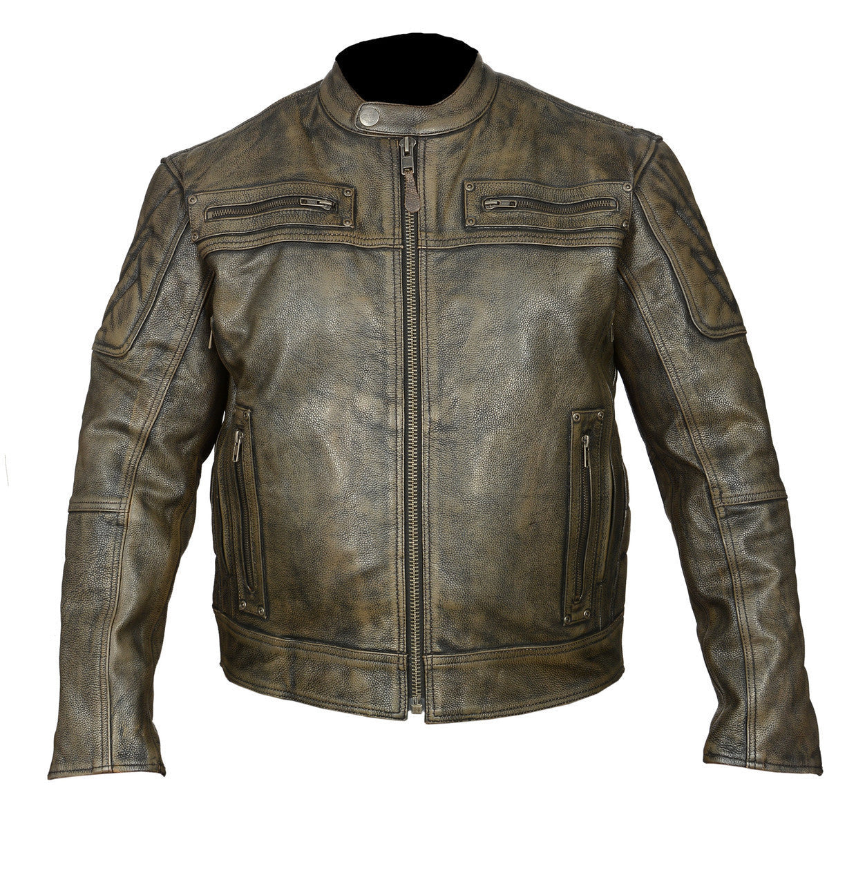 High Mileage HMM542DB Men's Distressed Brown Premium Cowhide Vented and Padded Biker Scooter Jacket - front