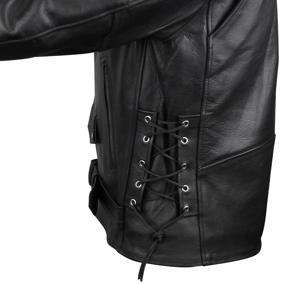 Vance VL515TG Mens Premium Cowhide Conceal Carry Insulated Liner and Side Laces Classic MC Motorcycle Biker Black Leather Jacket - side laces