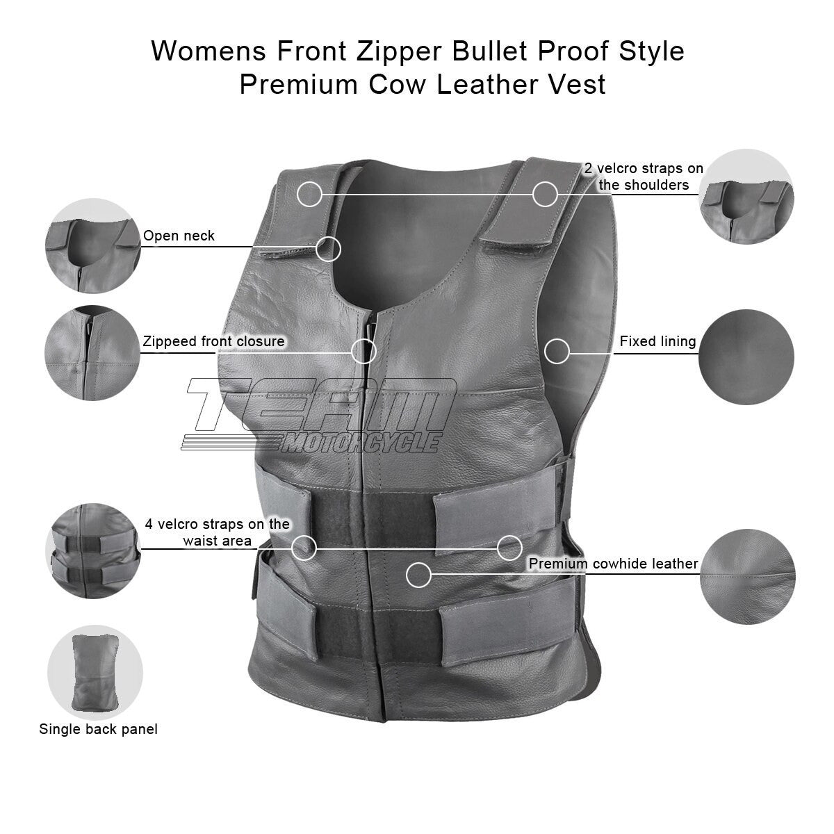 Women's Grey Pink or Red Bulletproof Style Lady Biker Cowhide Leather Motorcycle Vest - Infographics