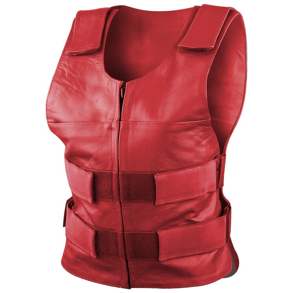 Women's Grey Pink or Red Bulletproof Style Lady Biker Cowhide Leather Motorcycle Vest -Red