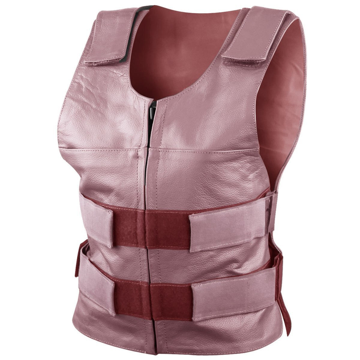 Women's Grey Pink or Red Bulletproof Style Lady Biker Cowhide Leather Motorcycle Vest -Pink