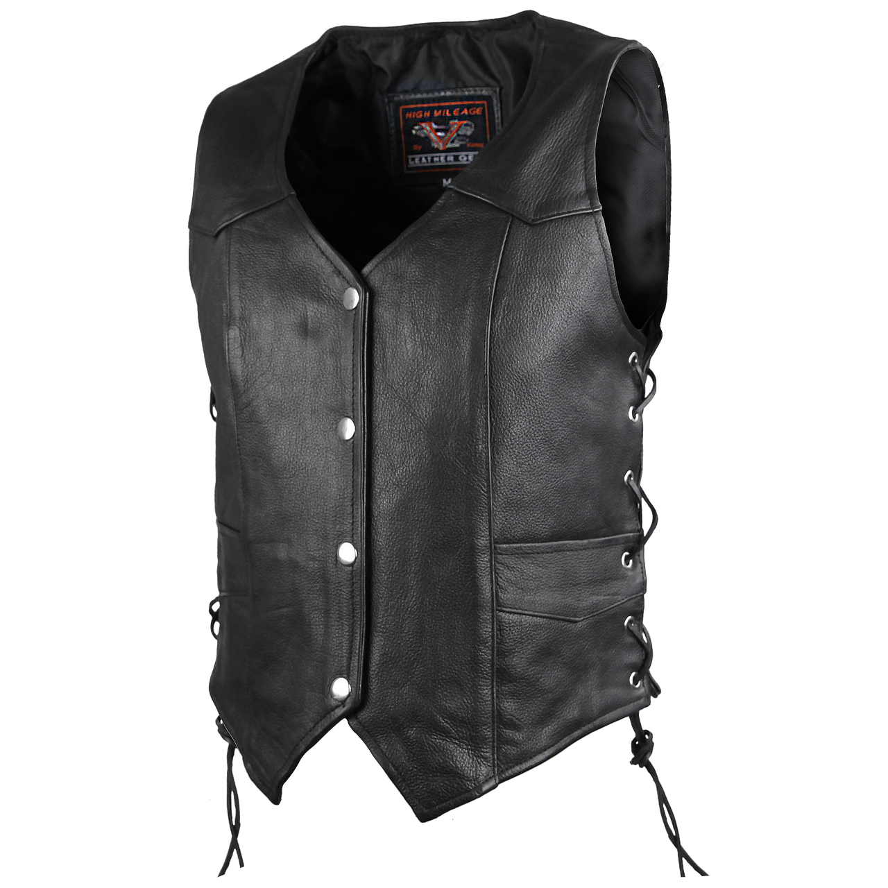 High Mileage HML1040 Womens Black Premium Cowhide Lace Side Biker Leather Vest - side