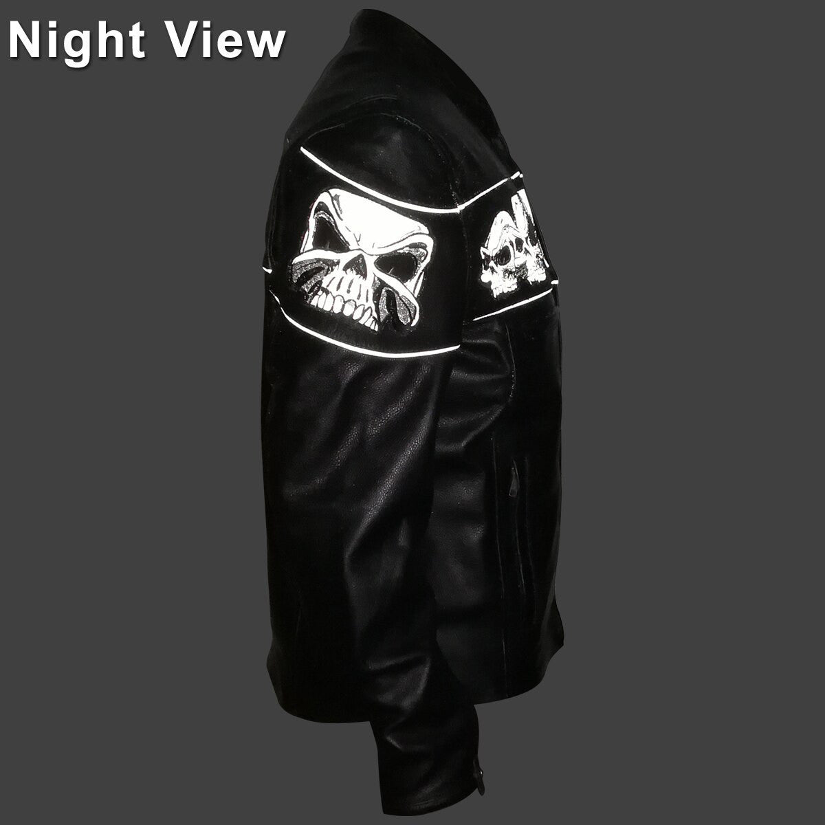 Premium Cowhide Leather Motorcycle Jacket With Reflective Skull - Night View