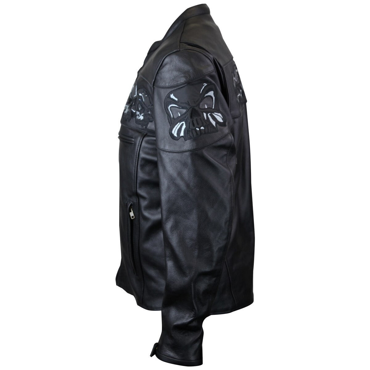 Premium Cowhide Leather Motorcycle Jacket With Reflective Skull - Side View