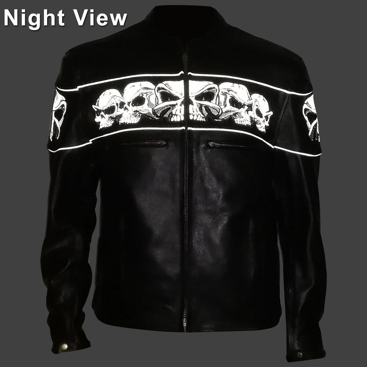 Premium Cowhide Leather Motorcycle Jacket With Reflective Skull - Night View