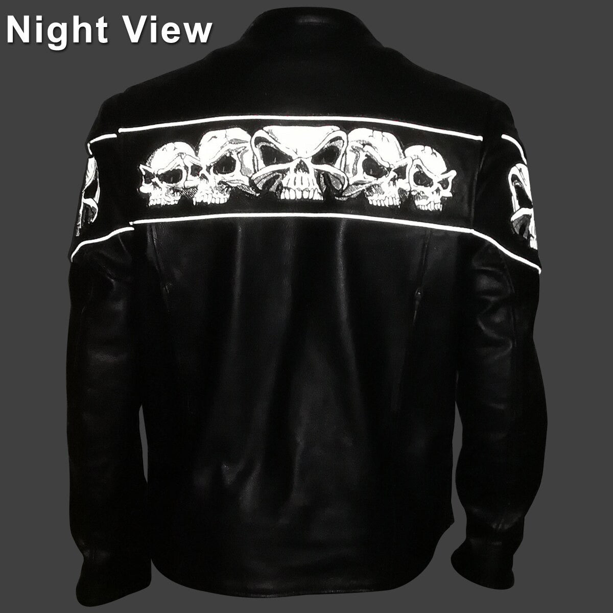 Premium Cowhide Leather Motorcycle Jacket With Reflective Skull - Night View