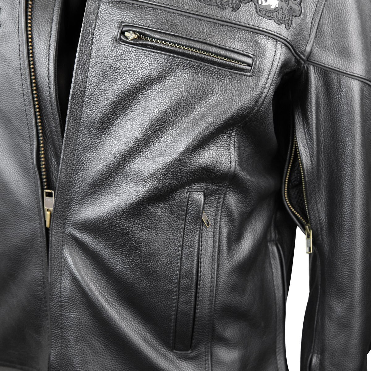 Premium Cowhide Leather Motorcycle Jacket With Reflective Skull - Detail View