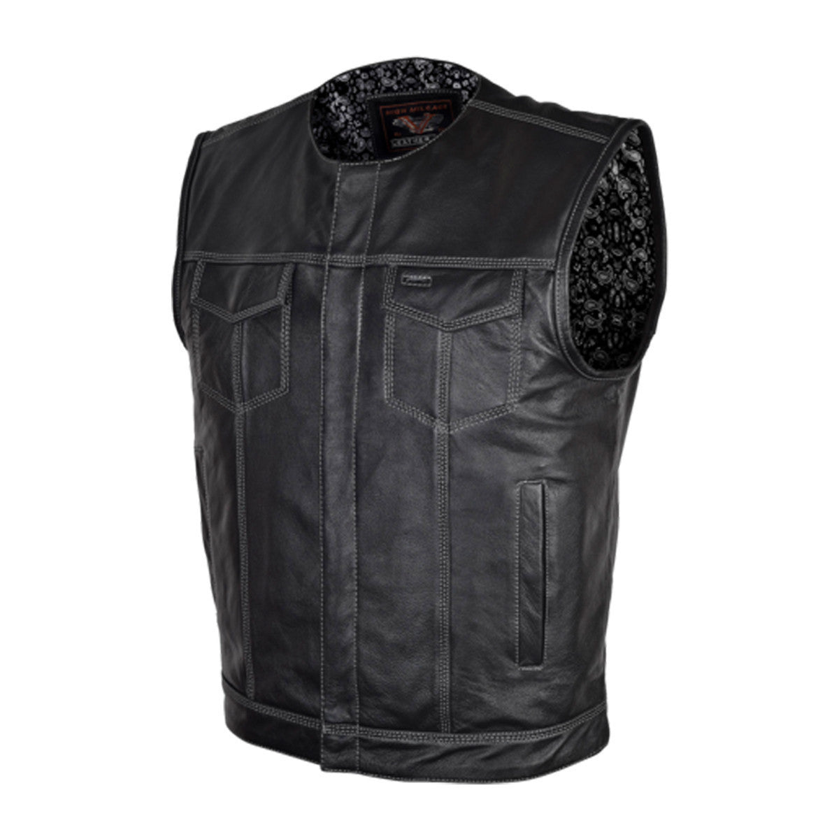 Vance VL919BP Men's Black Premium Cowhide Leather Biker Motorcycle Vest With Quick Access Conceal Carry Pockets and Paisley Liner - Front