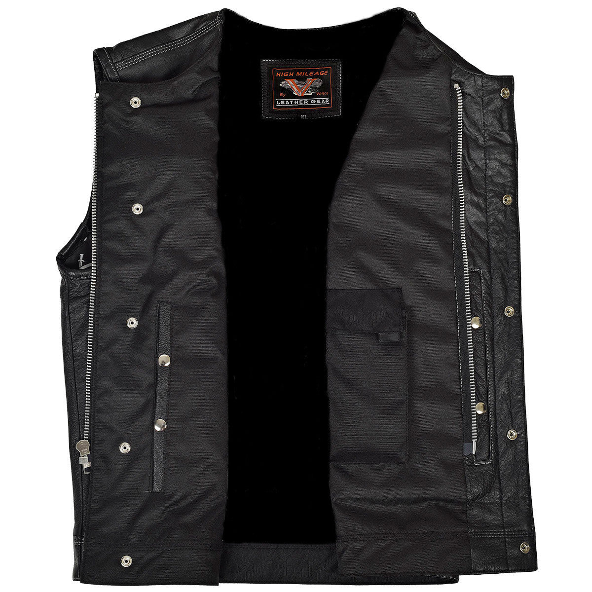 Vance VL919GS Men's Black Premium Cowhide Leather Biker Motorcycle Vest With Quick Access Conceal Carry Pockets and Gray Stitching - Open View