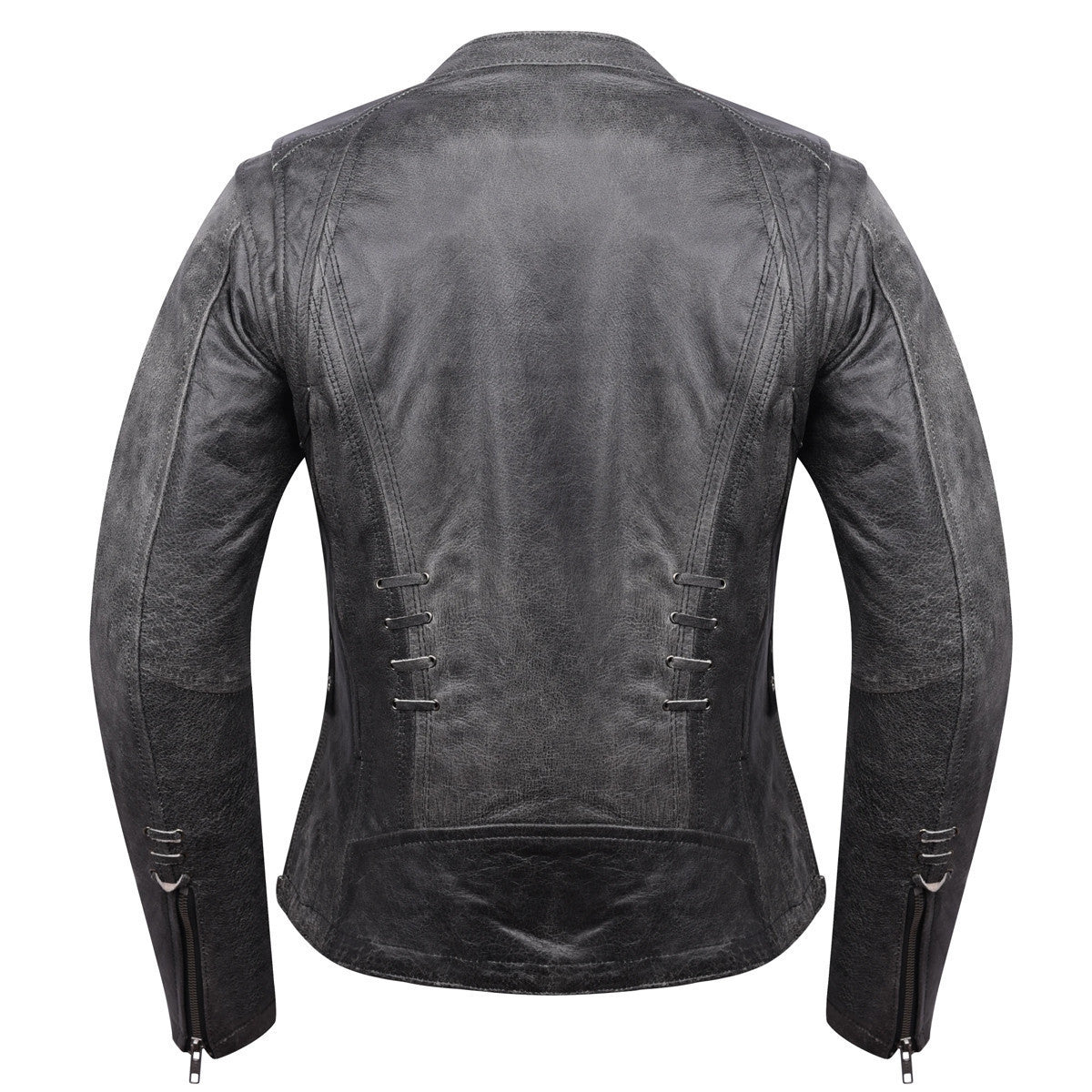 High Mileage HML638DG Women's Lace and Grommet Detail Distressed Gray Goat Skin Leather Lady Biker Motorcycle Fashion Jacket - Back View