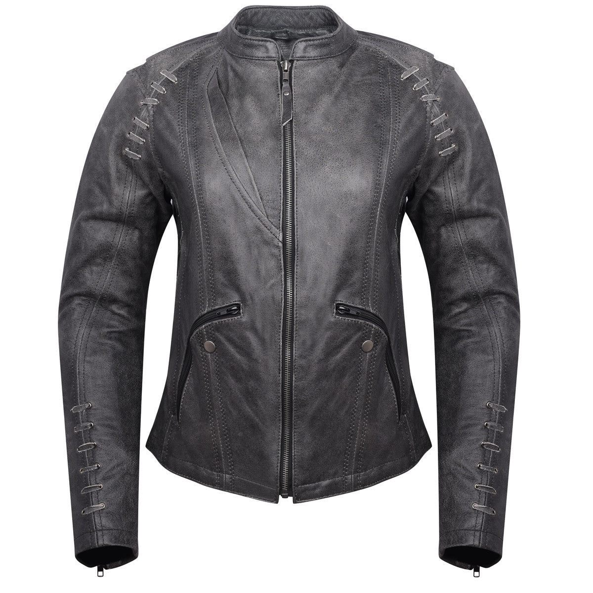 High Mileage HML638DG Women's Lace and Grommet Detail Distressed Gray Goat Skin Leather Lady Biker Motorcycle Fashion Jacket