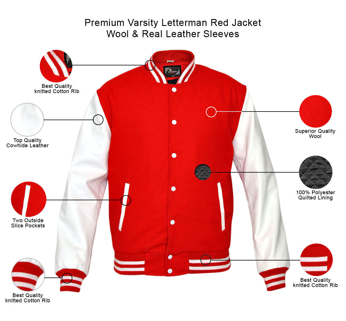 Mens MJ590R Red Wool with Real Leather Premium Varsity Letterman Jacket - infographics