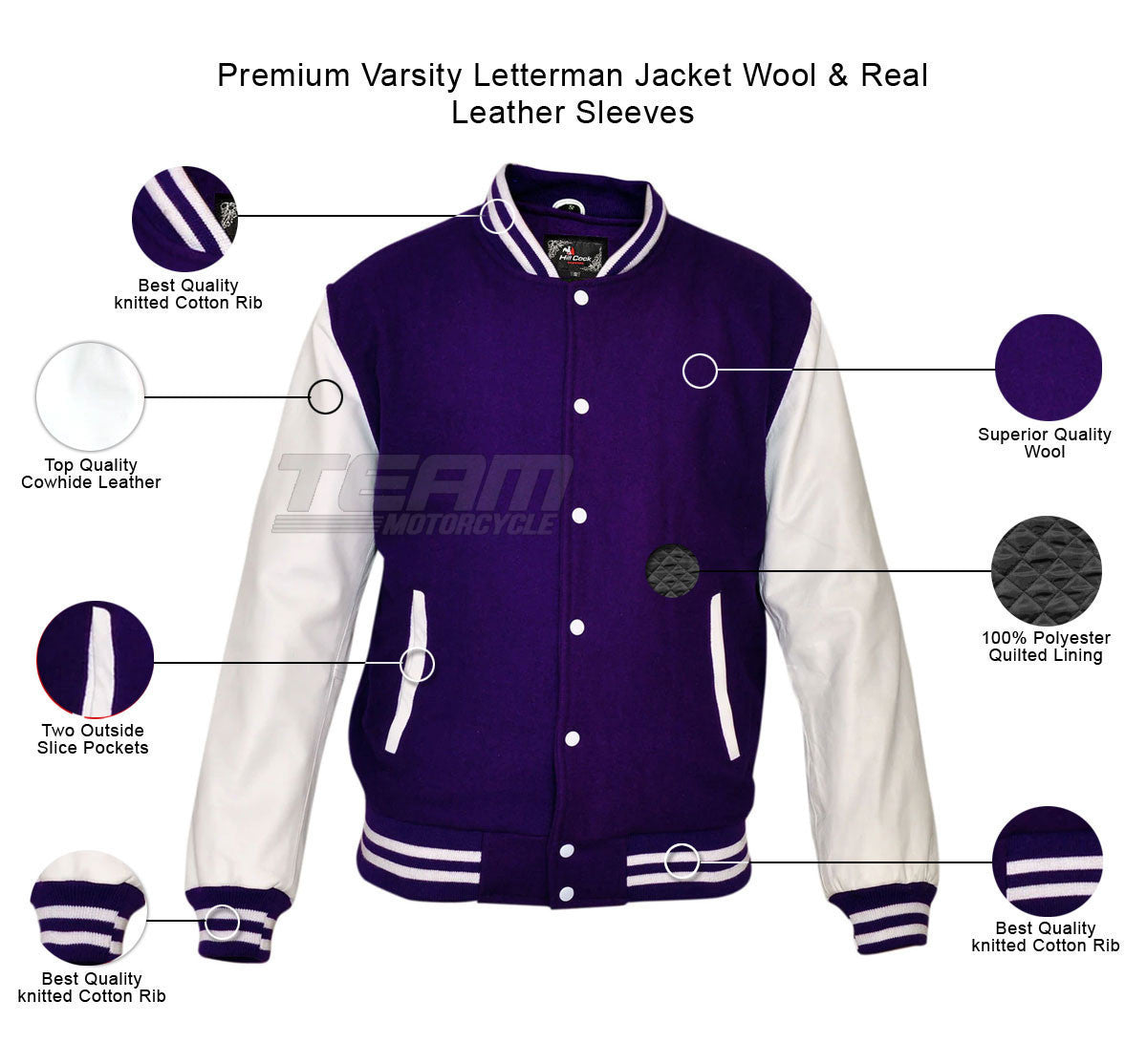 Mens MJ590B Black Wool with Real Leather Premium Varsity Letterman Jacket - Infographics