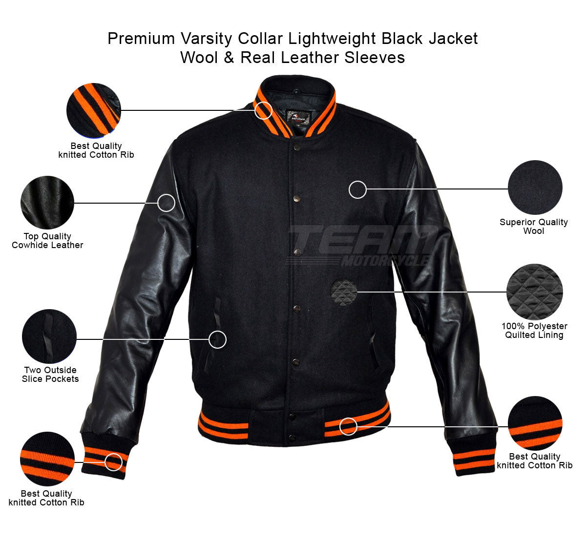 Mens MJ591BO Black Lightweight Wool with Real Leather Premium Varsity Letterman Jacket - Infographics