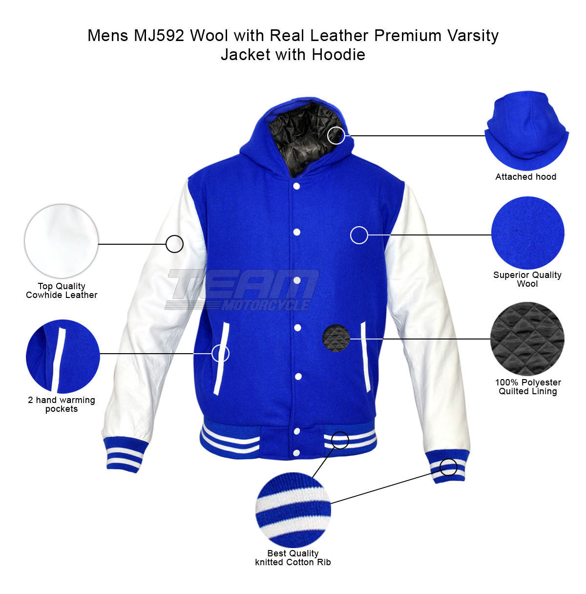 Mens MJ592 Wool with Real Leather Premium Varsity Jacket with Hoodie - Infographics