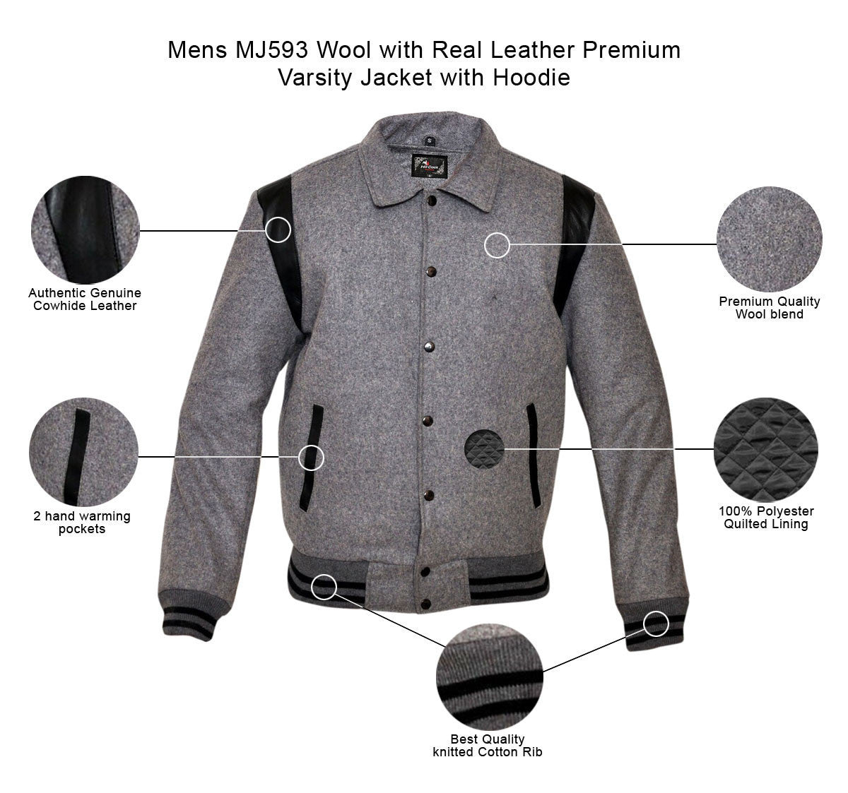 Mens MJ593 Wool with Real Leather Premium Varsity Jacket with Hoodie - Infographics