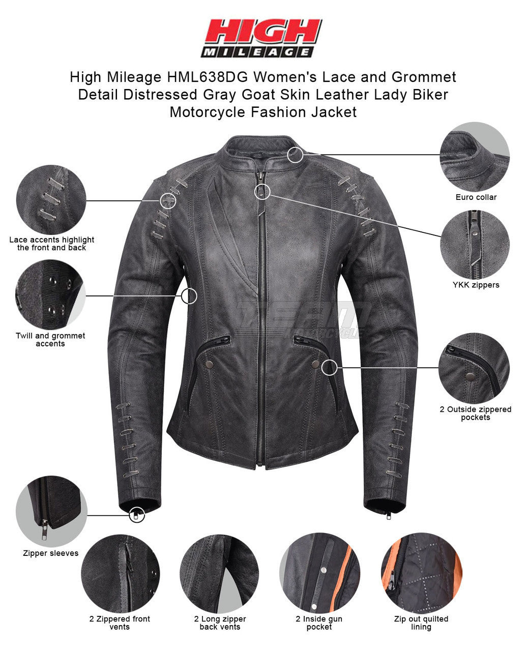 High Mileage HML638DG Women's Lace and Grommet Detail Distressed Gray Goat Skin Leather Lady Biker Motorcycle Fashion Jacket - Infographics