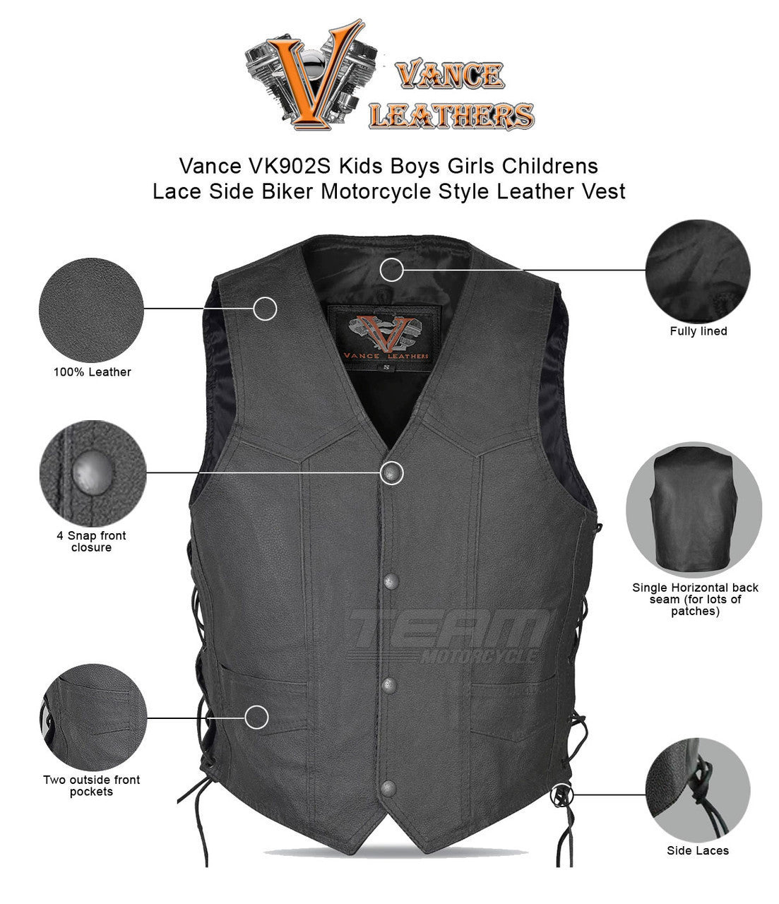 Vance VK902S Kids Boys Girls Childrens Lace Side Biker Motorcycle Style Leather Vest - Infographics