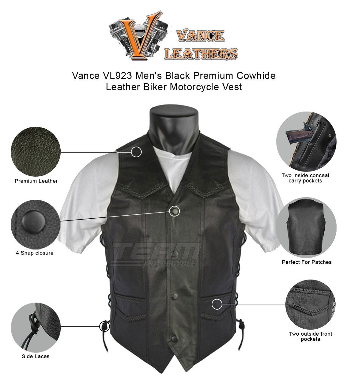 Vance VL923 Men's Black Premium Cowhide Leather Biker Motorcycle Vest - Infographics