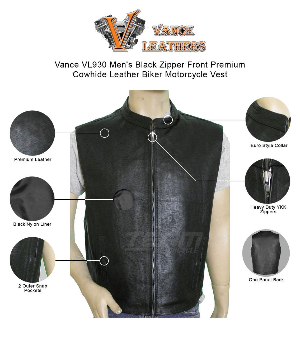 Vance VL930 Men's Black Zipper Front Premium Cowhide Leather Biker Motorcycle Vest - Infographics