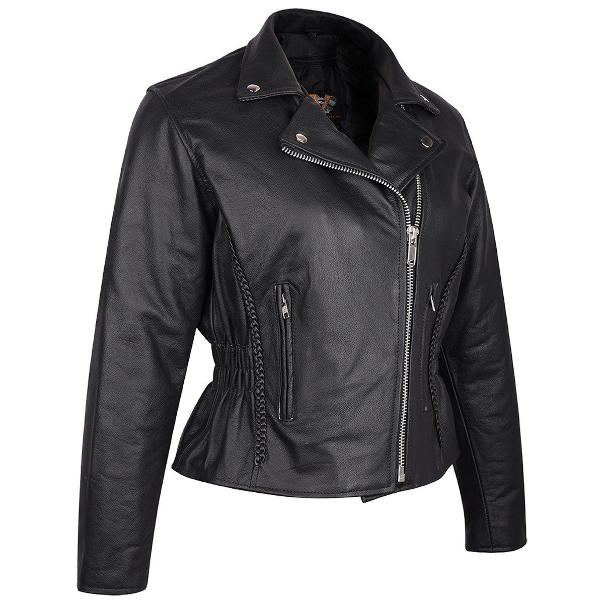 Vance Leather VL615S Women's Black Leather Braided and Studded Biker Motorcycle Riding Jacket - side view