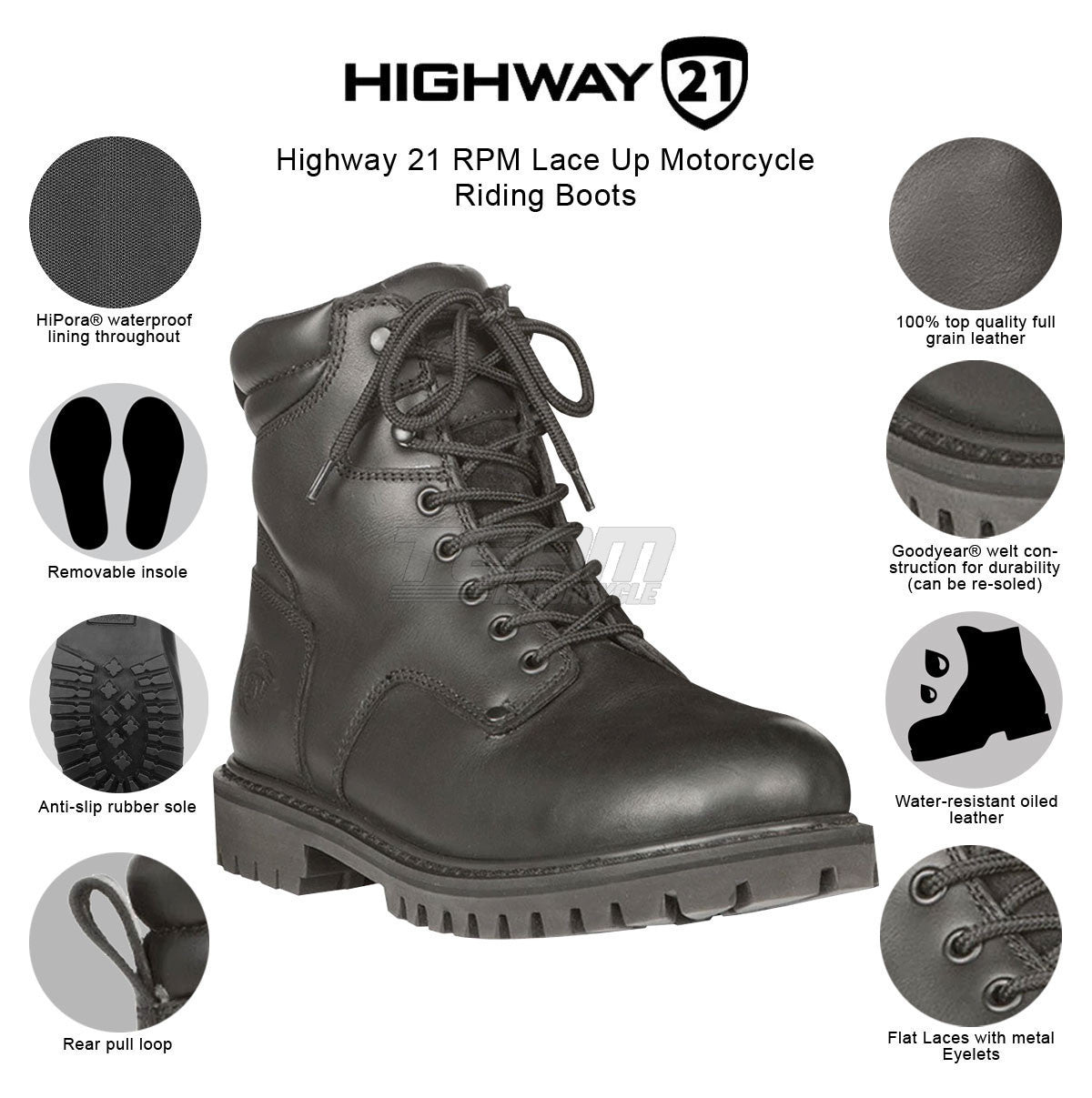 Highway 21 RPM Lace Up Motorcycle Riding Boots - Infographics